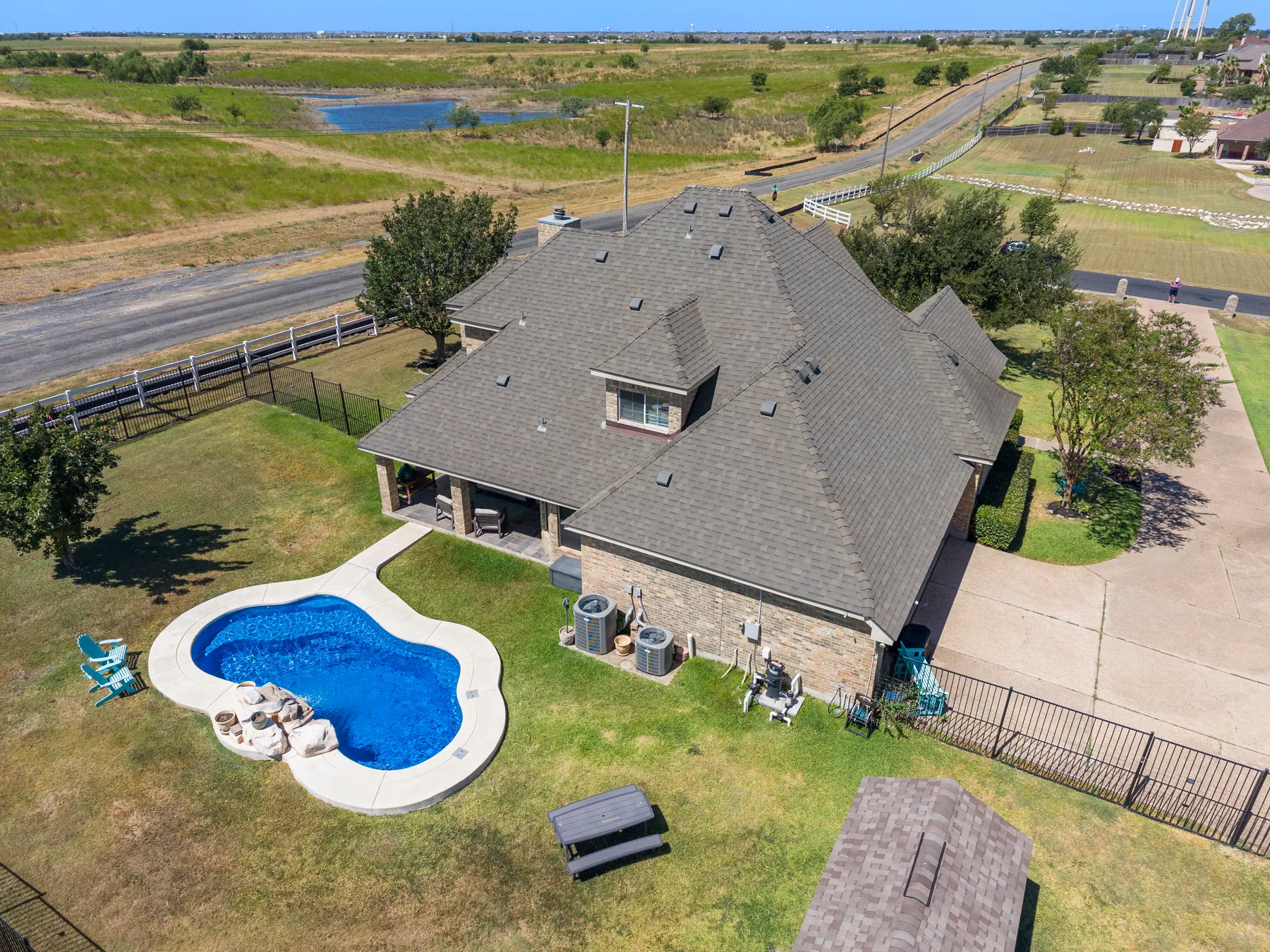 Top-down aerial view of the rear pool