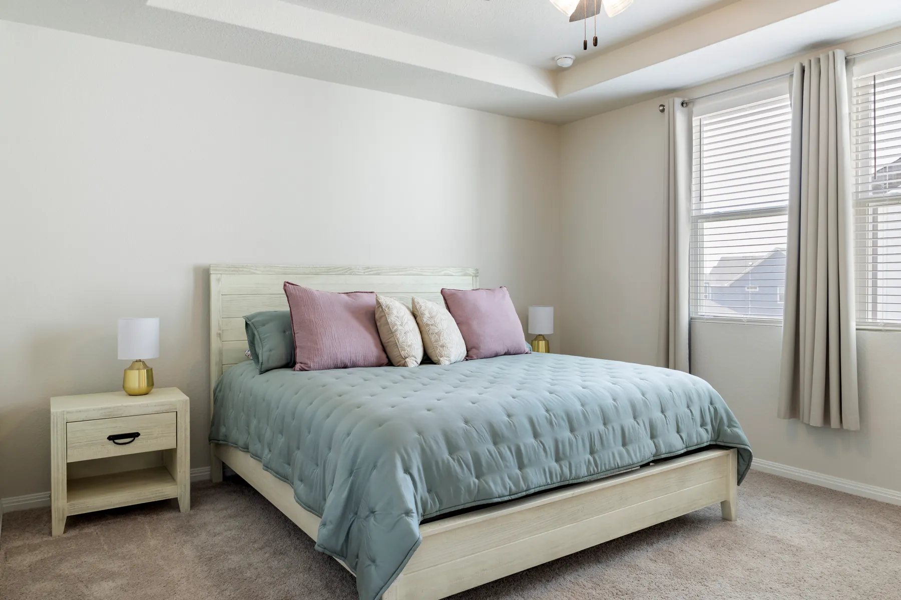 Primary bedroom with tray ceiling and natural light