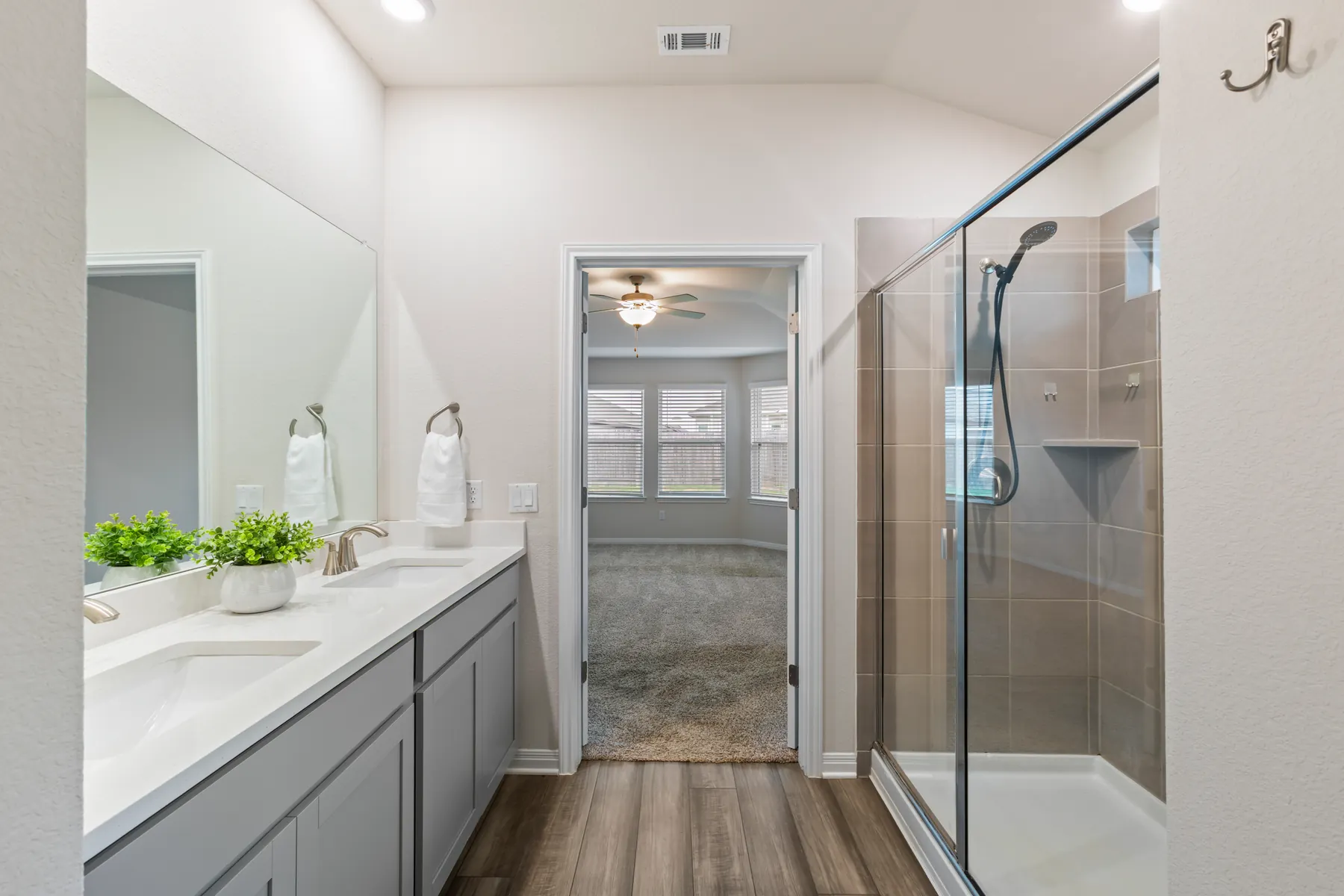 Bathroom vanity and glass-enclosed shower