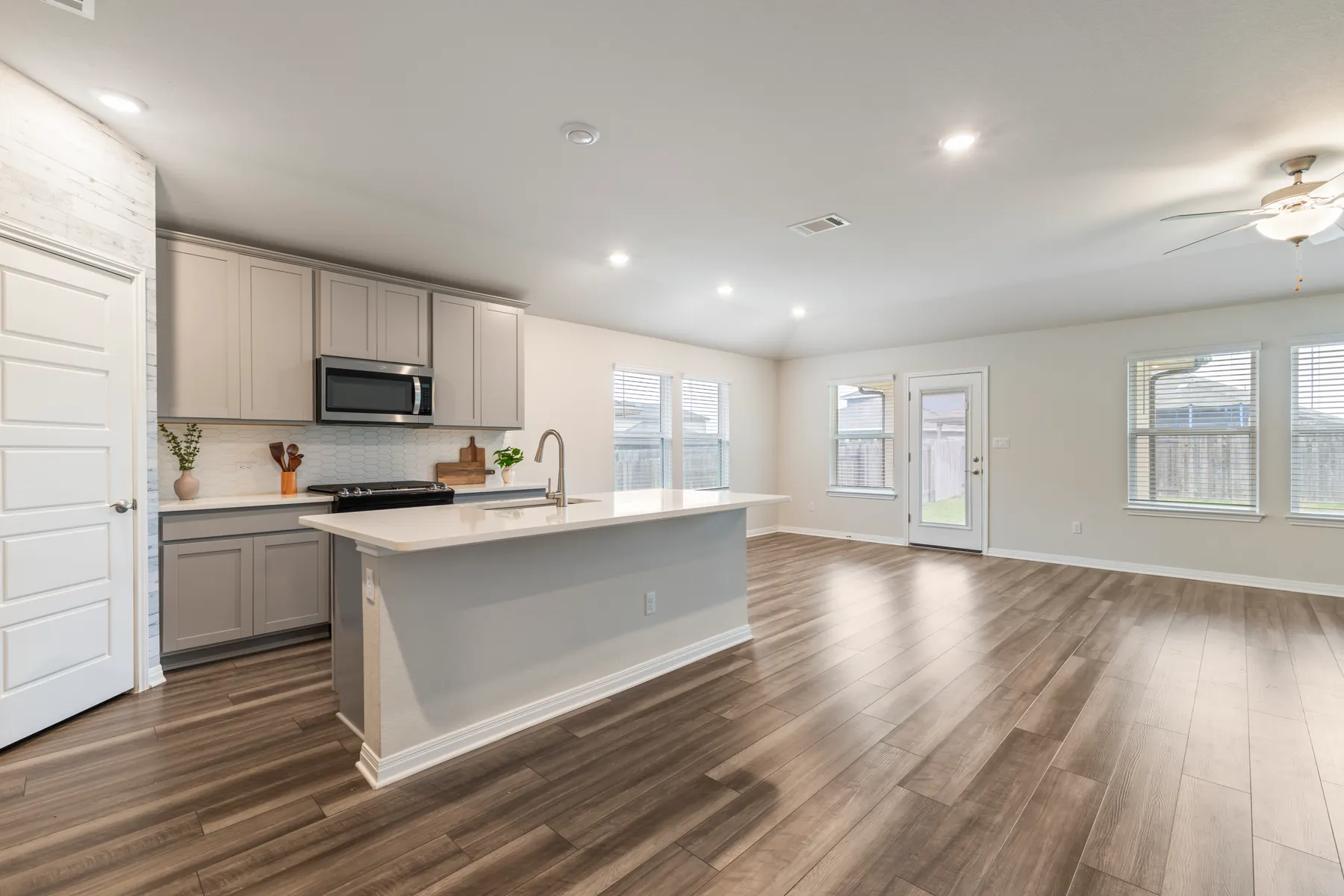 Open-concept living area viewed from the kitchen